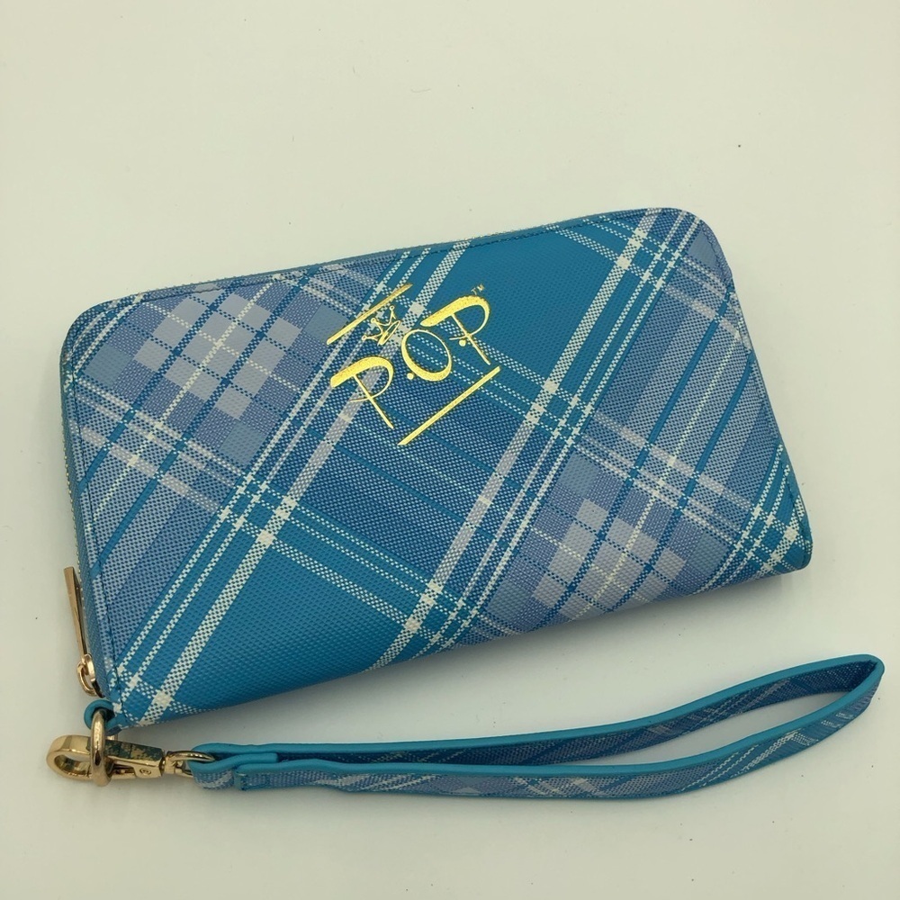 NWOT POP Blue Plaid Wristlet with Gold Accents